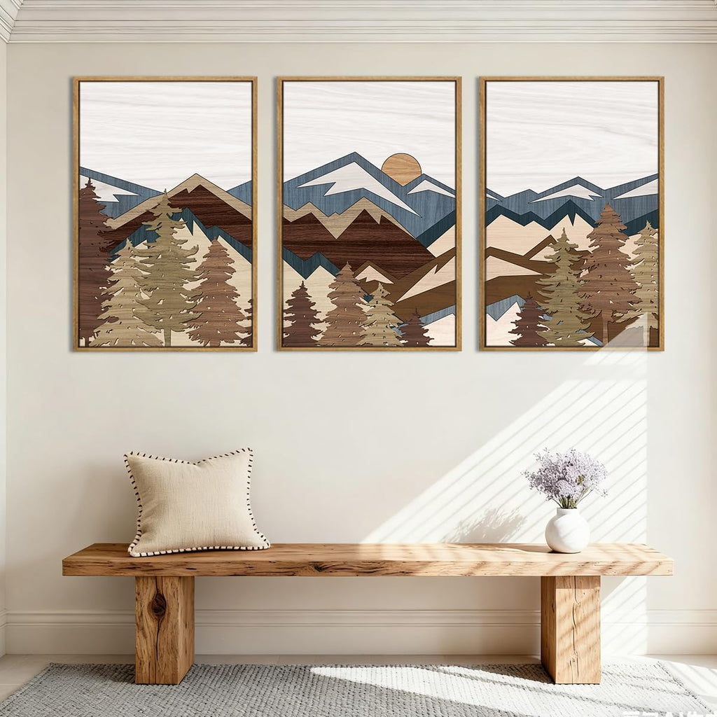 Large Boho Mountain Canvas Framed Wall Art Set of 3 Forest Mountain Sun Wall Decor Boho Artwork Bedroom Office 24x36