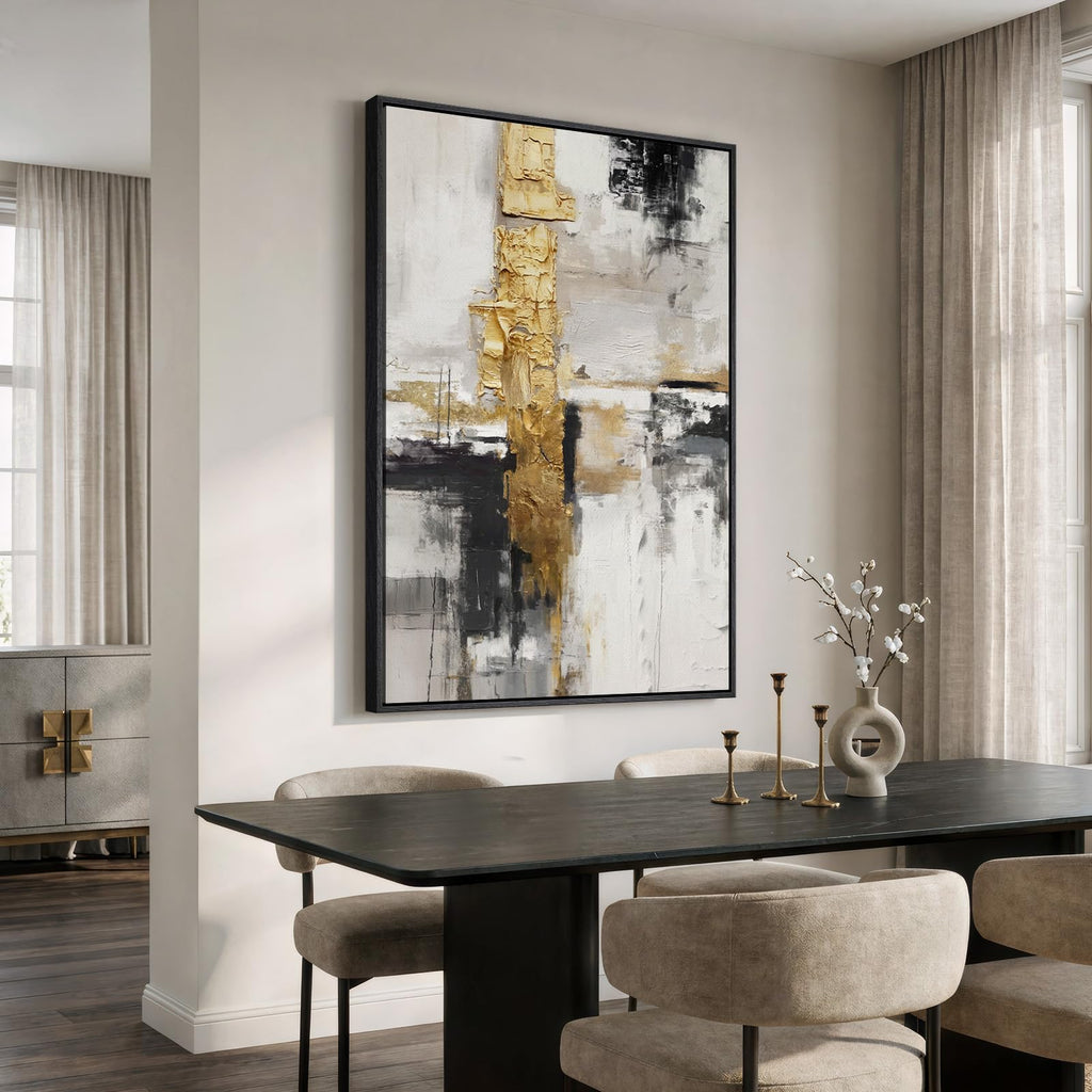 Extra Large Framed Black White Gold Abstract Wall Art, Vertical 40x60 In