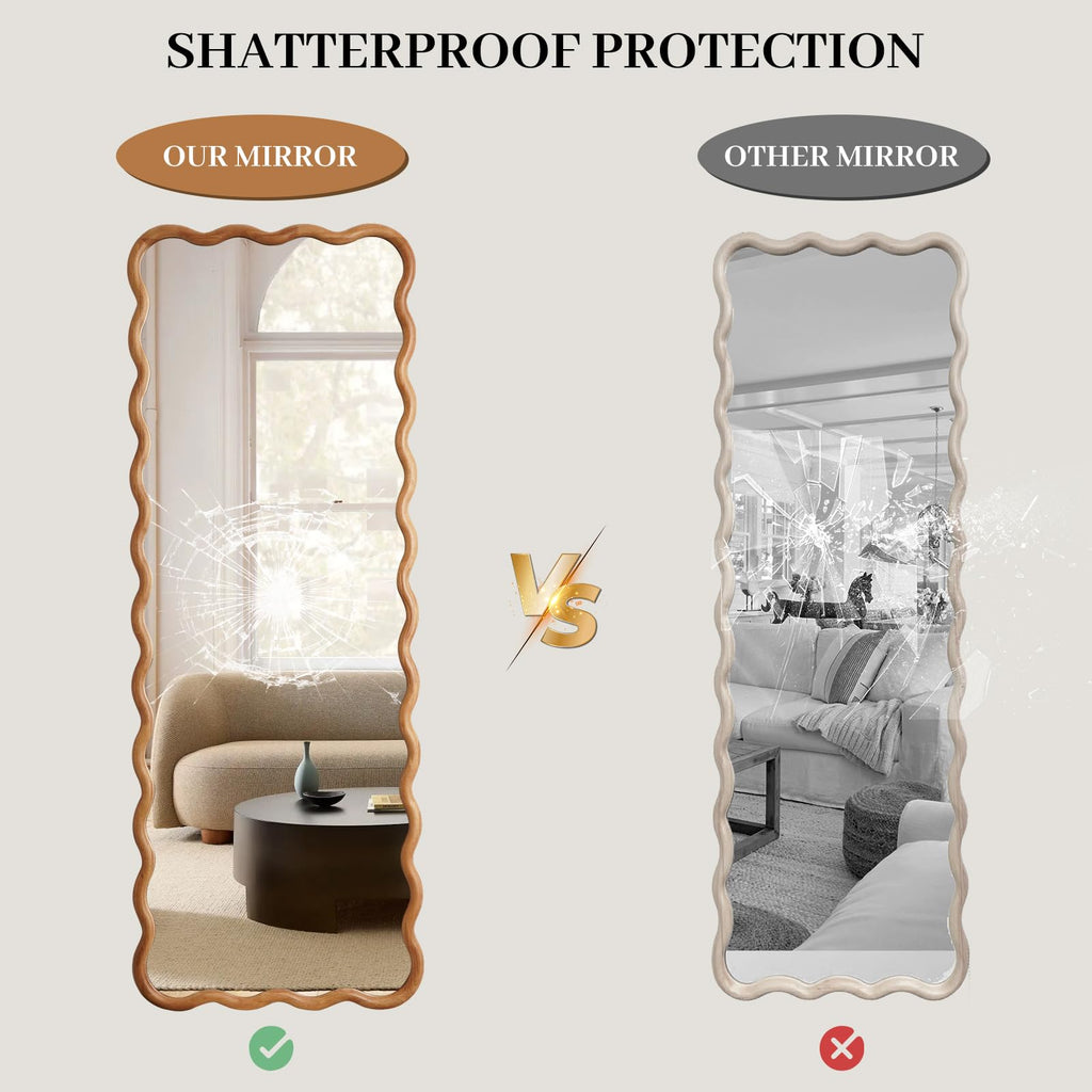 24"x65" Full Length Mirror with Wood Frame, Natural Wood Wavy Mirror, Decorative Floor or Wall Mounted Mirror and