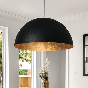 15 Inch Black and Gold Pendant Light, Bold Textured Matte Black Dome with Hand-Applied Gold Leaf Interior, Hanging