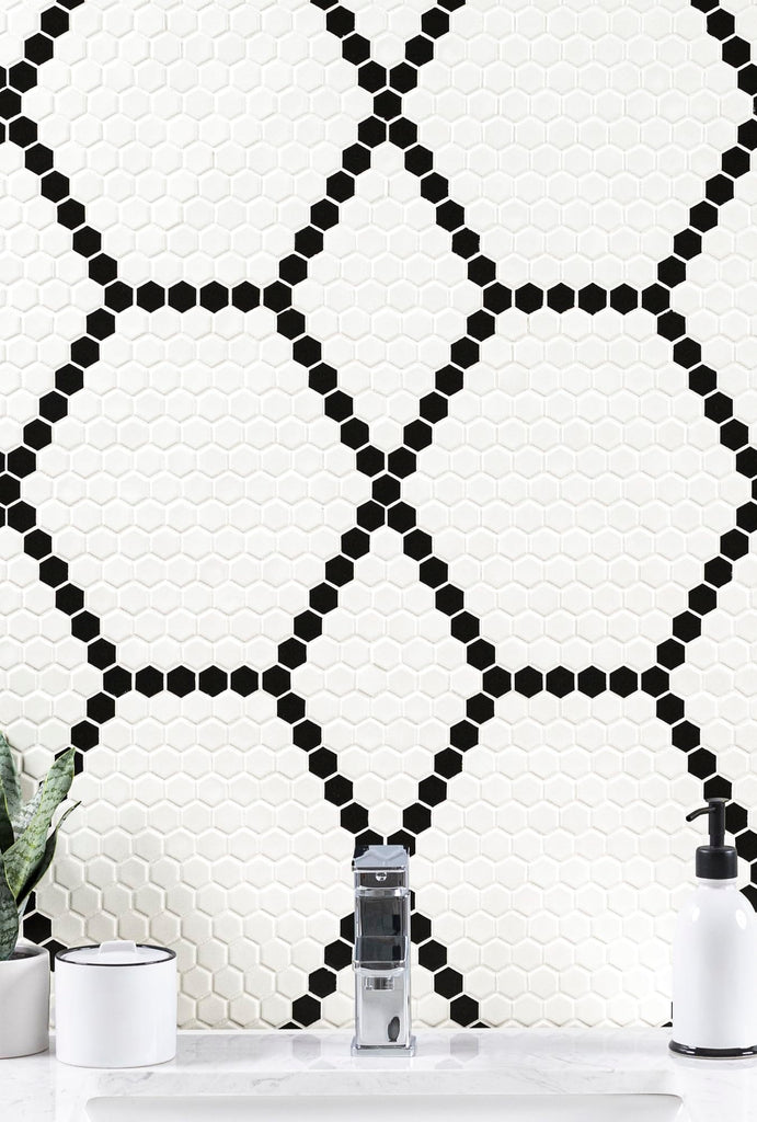 Porcelain Wall Tile | White and Black Hive Pattern | 11.73" x 11.85"