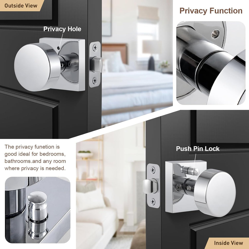 Polished Chrome Door Knobs Interior, Polished Chrome Privacy Door Knob with Lock, Heavy Duty Square Modern Door