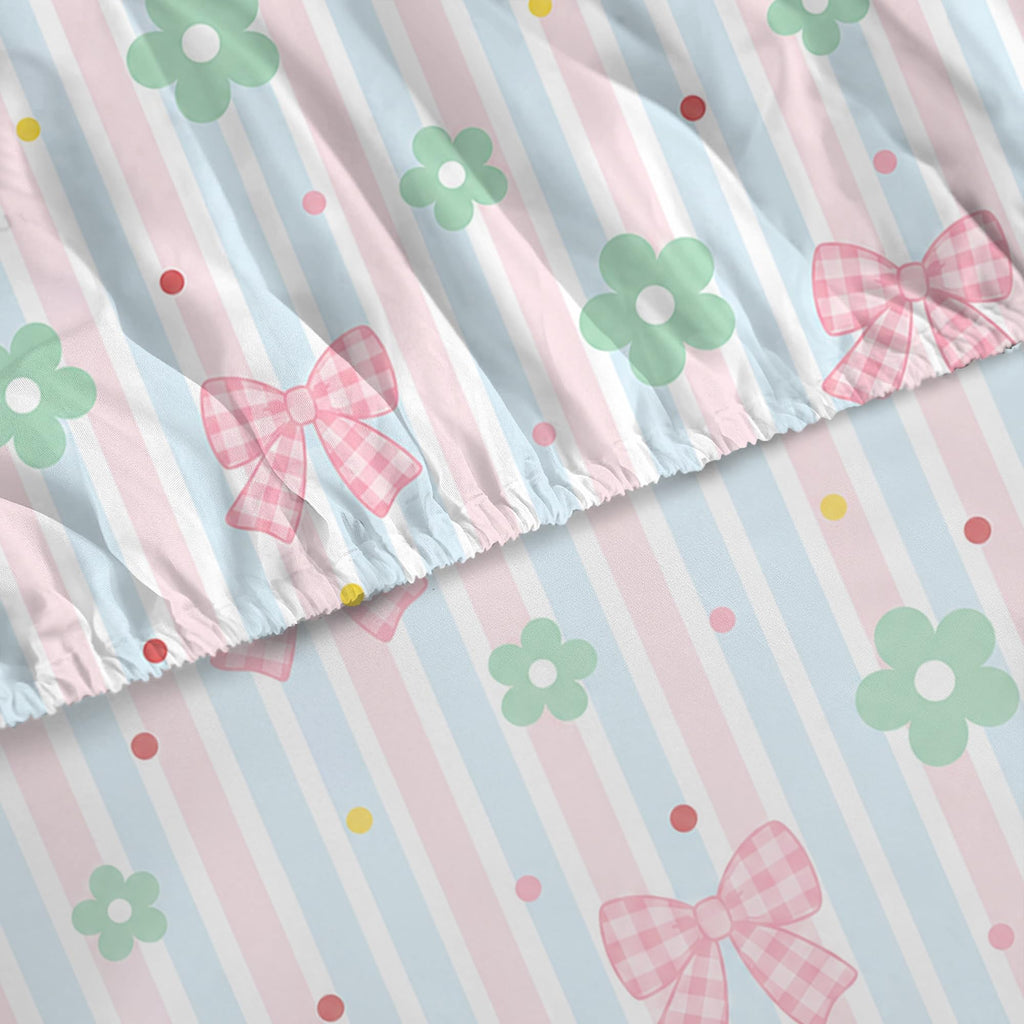 Pink Striped Gingham Bow Floral Fitted Sheet Set