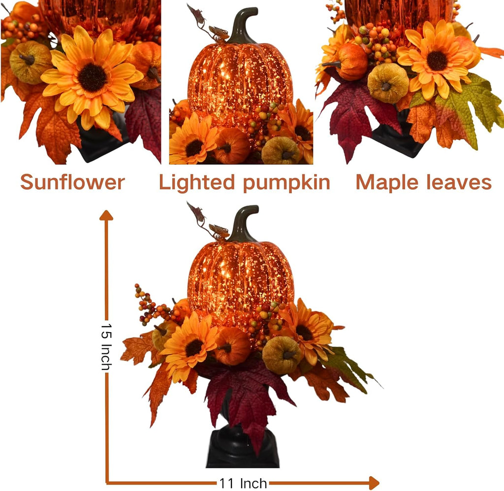 15 Inch Lighted Fall Pumpkin Arrangement with Pumpkin, Daisies | 15 LEDs with Mercury Glass-Style Pumpkin, Mini