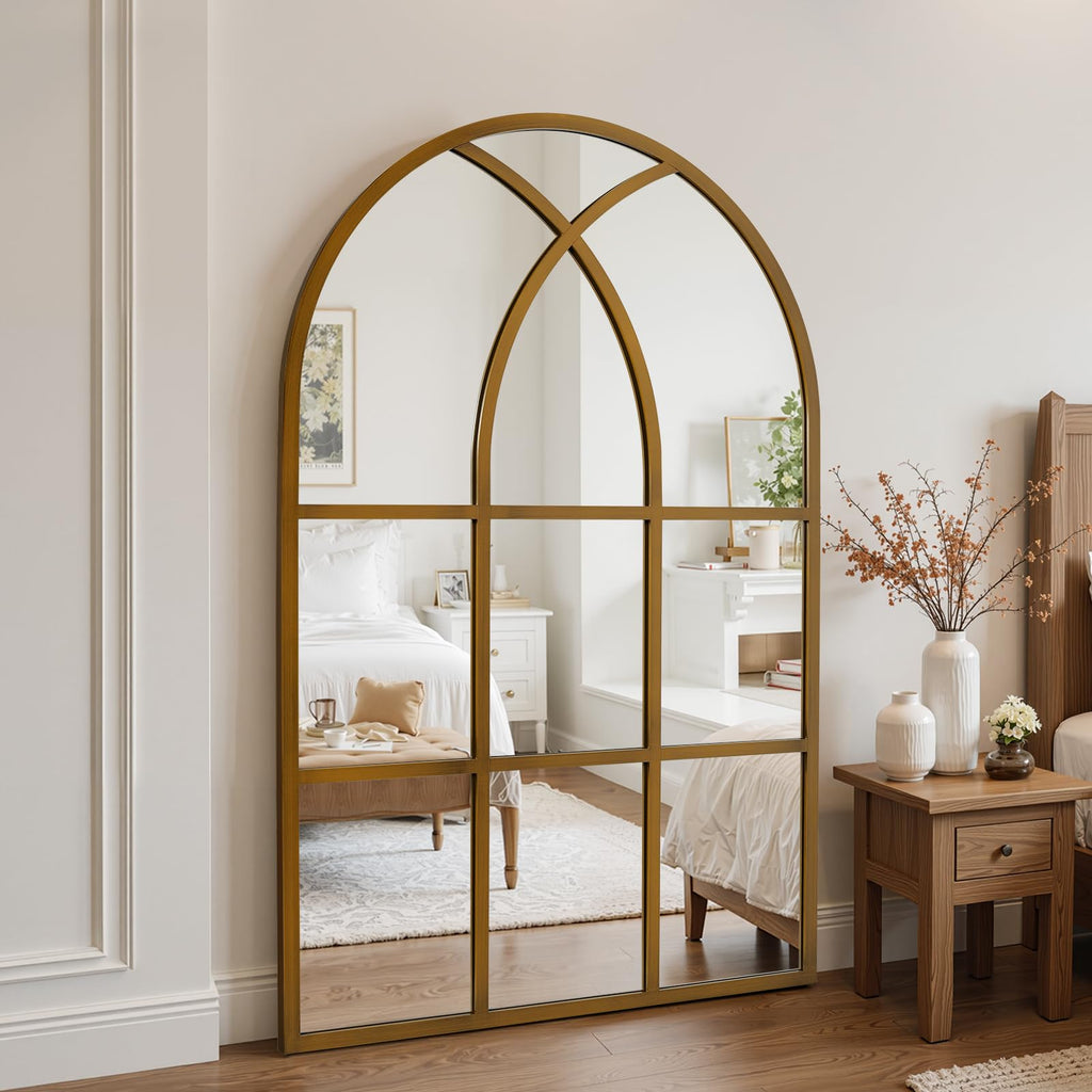 Arched Window pane Wall Mirror 30"x48", Window Shaped Farmhouse Style with Aluminum Frame, Decorative Wall Mirror