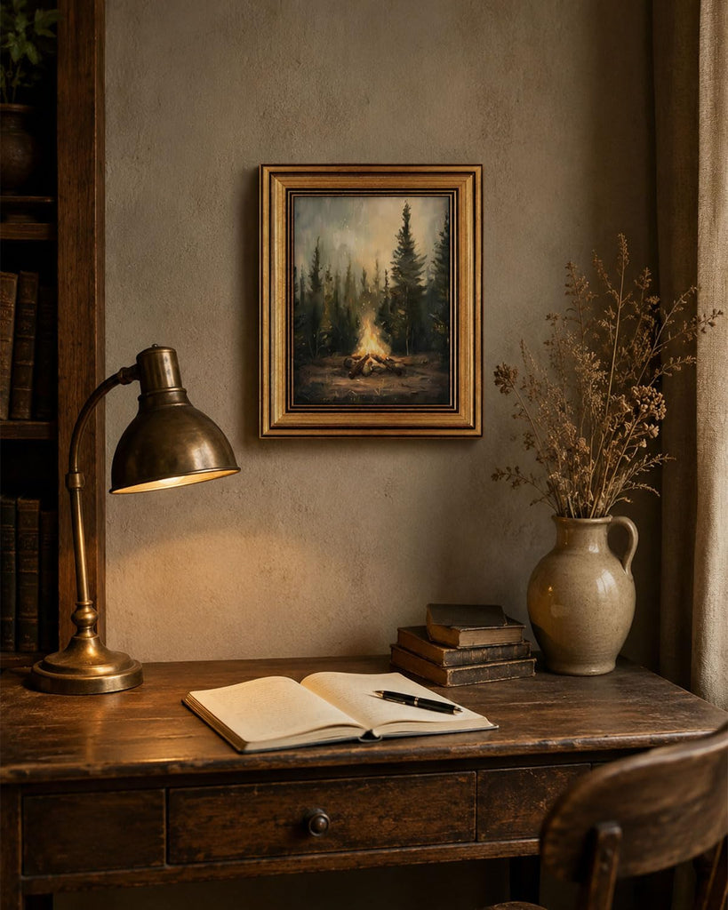 Gold Framed Wall Art, Rustic Campfire Canvas Prints, Vintage Forest Camping Cabin Picture Wall Decor, Dark Academia