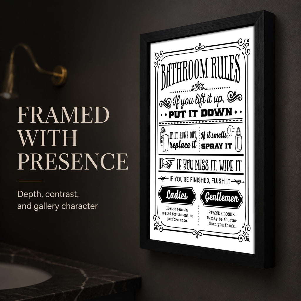 Framed, Black and White Wall Art - Funny Toilet Rules Prints, Humorous Restroom Sign Canvas, Washroom Regulations