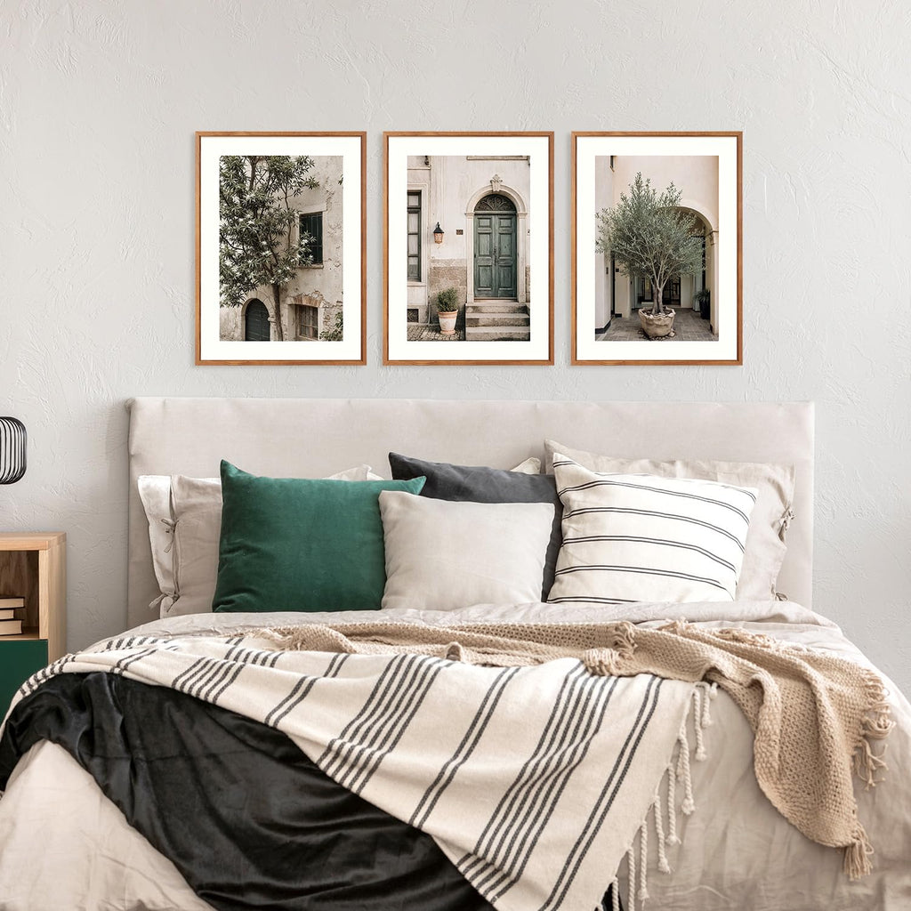 Vintage Italy City Landscape Framed Canvas Wall Set, Olive Green Tree Country Wall Decor, Modern Minimalist