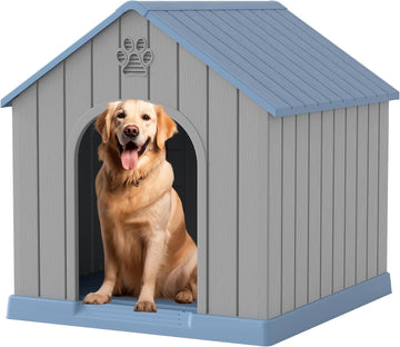 Large Dog House Outdoor Indoor for Medium Large Dogs, Sturdy Plastic Waterproof Doghouse with Air Vents and Elevated