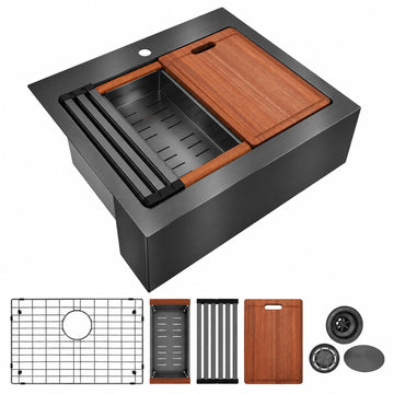 26 Inch Black Farmhouse Sink, 16 Gauge Drop-In Apron Front Sink