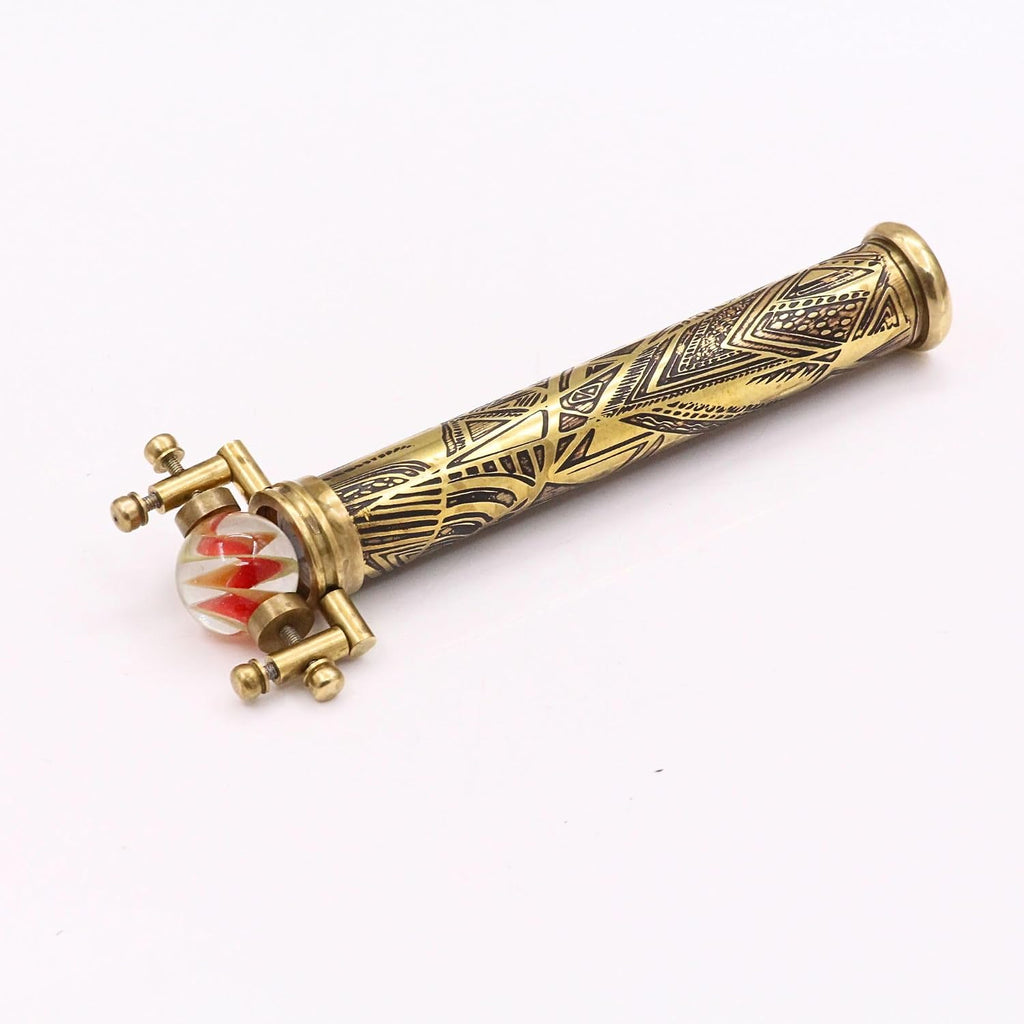 Brass Kaleidoscope | Vintage Antique Etched Brass Design | Interchangeable Marble Scope | Includes Wooden Display