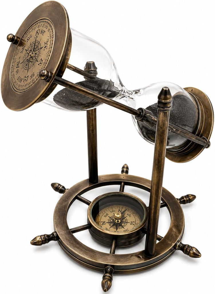 Antique Brass Nautical Hourglass with Compass Base, Vintage Sand Timer Decorative Showpiece, Maritime Glass Hour