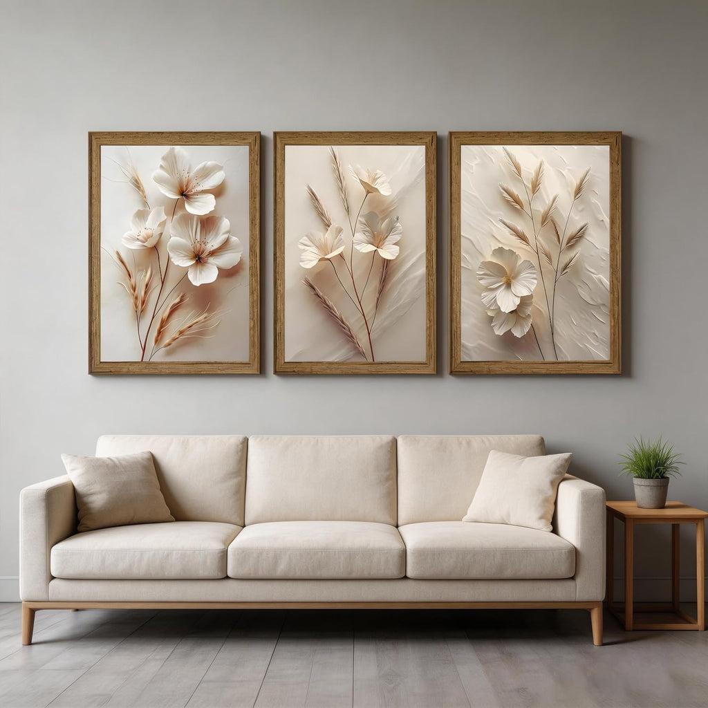 Neutral Beige Floral Canvas Wall Art Set of 3 Beige Botanical Paintings Pictures Minimalist Flower Prints Artwork