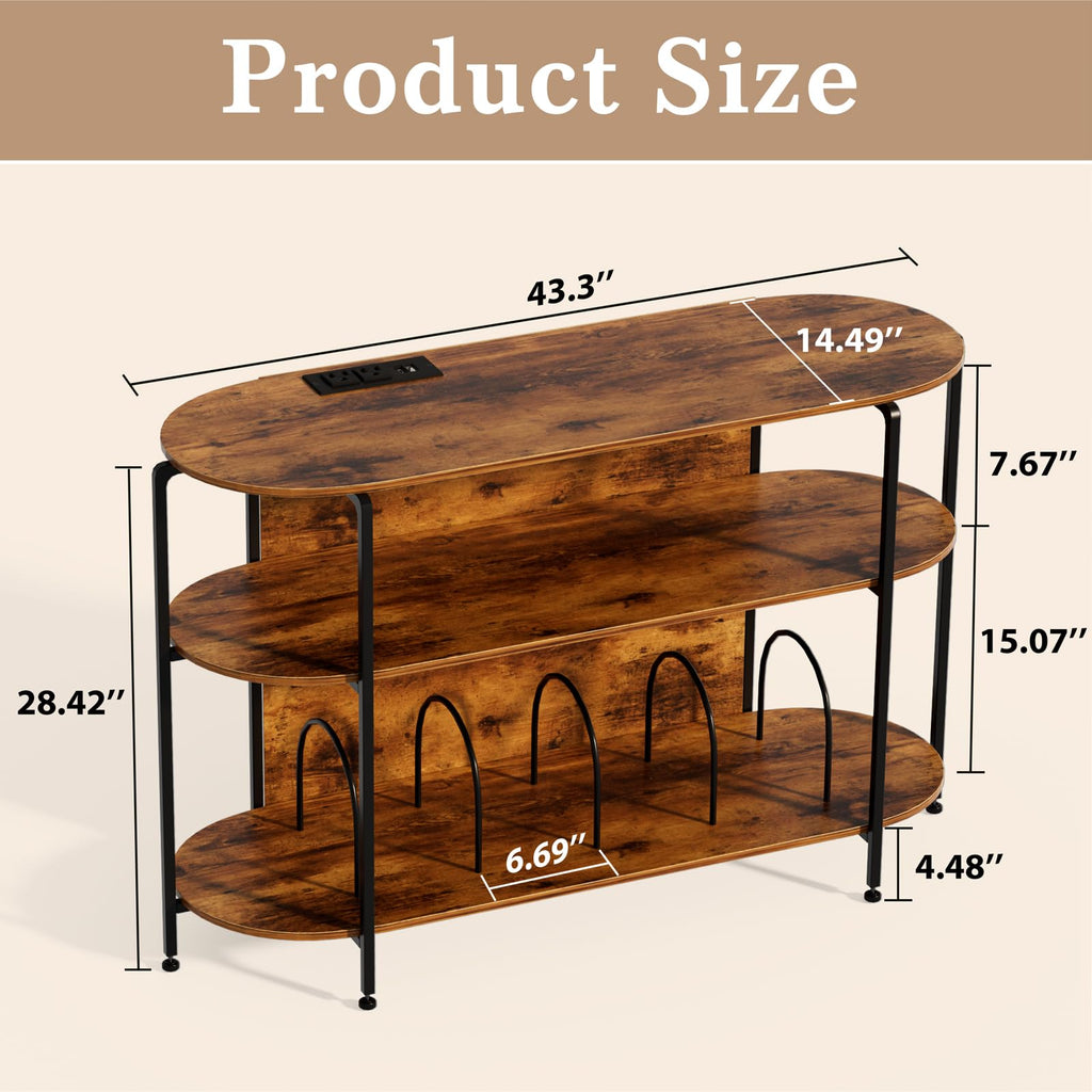 Vinyl Record Player Stand with Power Outlets, 43.3" Mid Century Turntable Stand Console Table, 3-Tier Arc Record