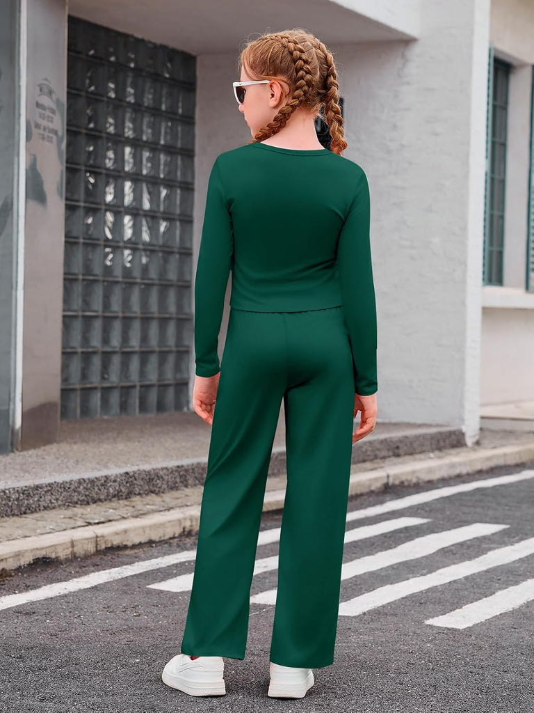 Girls 2 Piece Outfits Long Sleeve Tops and Wide Leg Pants Sets