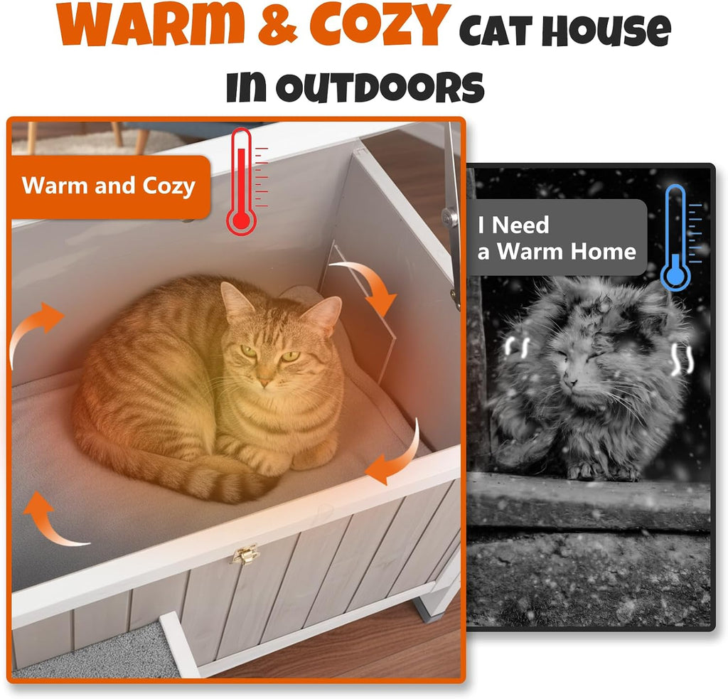Outdoor Elevated Cat House for 1-2, Weatherproof Wooden Cat Shelter with PVC Ventilated Curtain, Dual Escape Doors