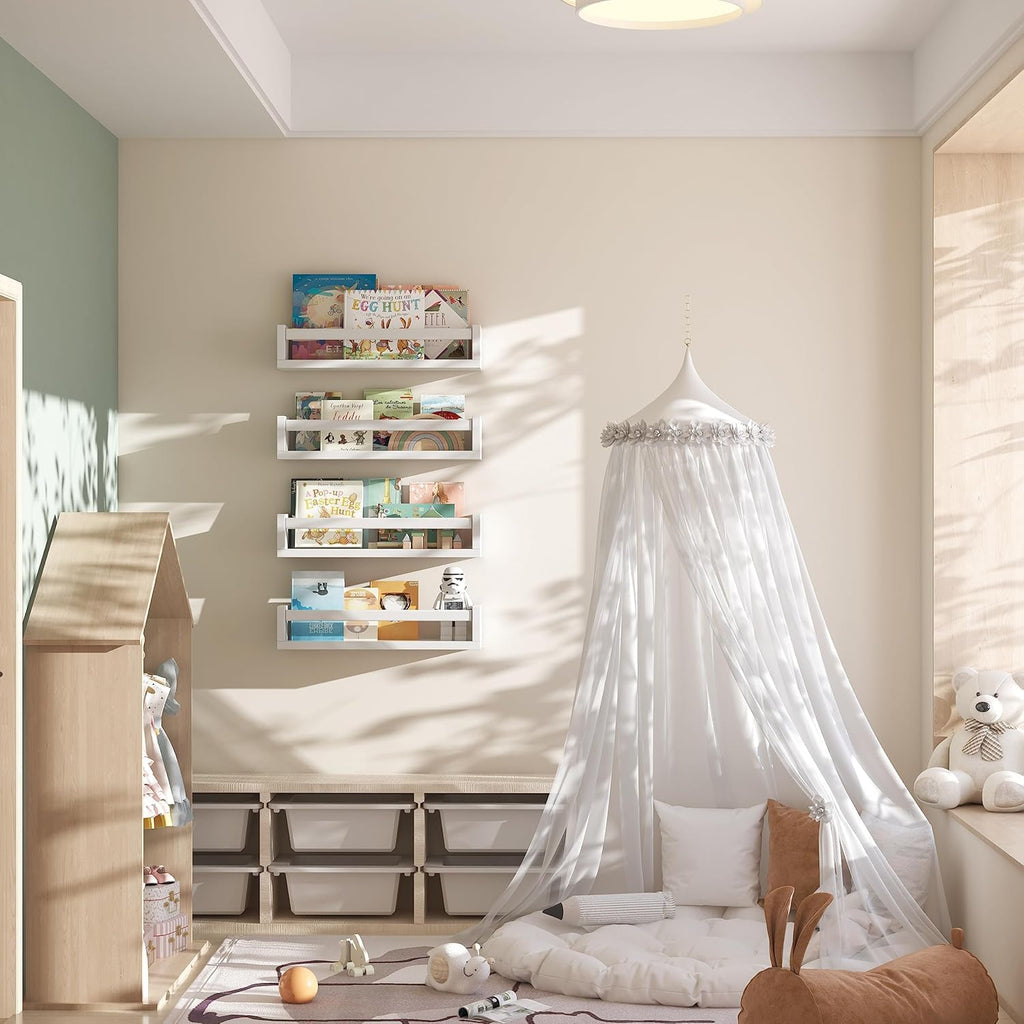 Set of 4 Wall-Mounted Kid's Bookshelf - White Floating Nursery Book Shelves - Durable Wood Construction - Ideal