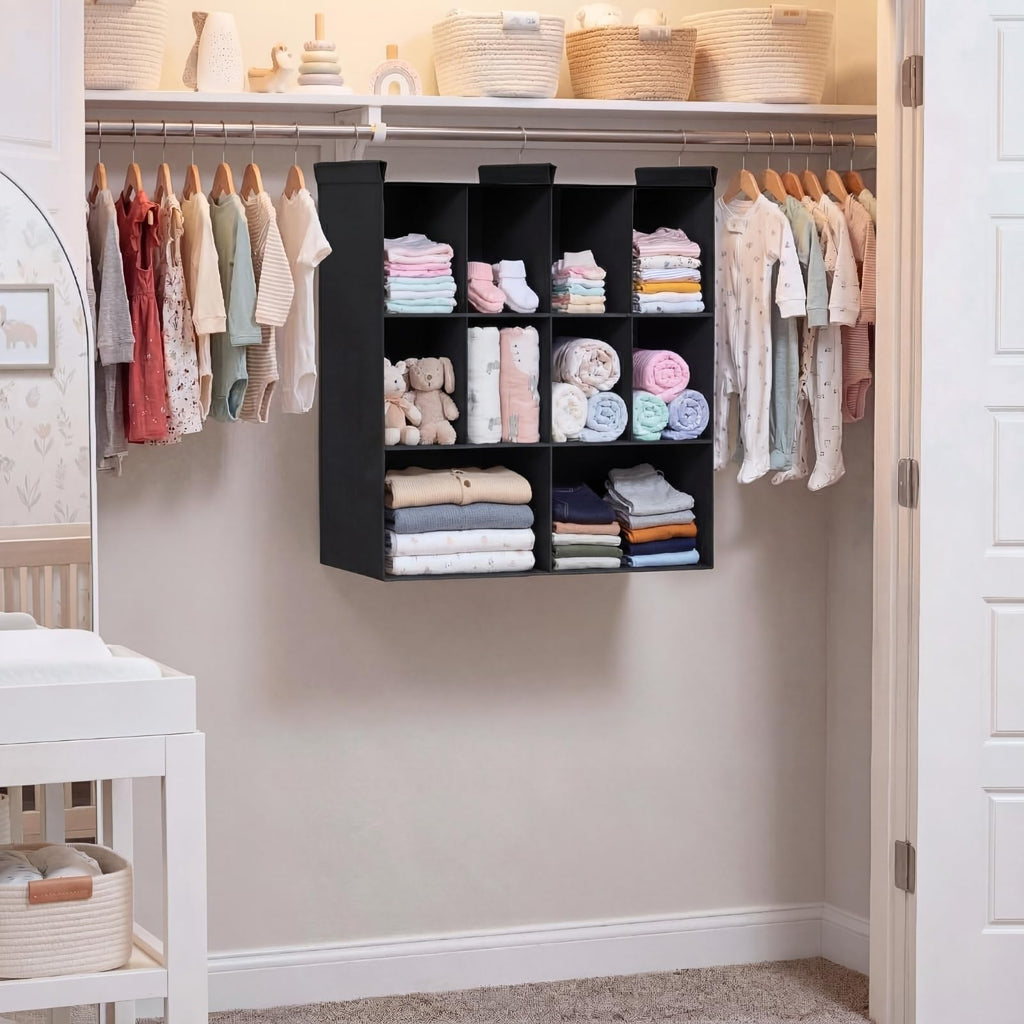3 Tier Hanging Closet Organizer, 10 Compartments Dual Row Storage, Black