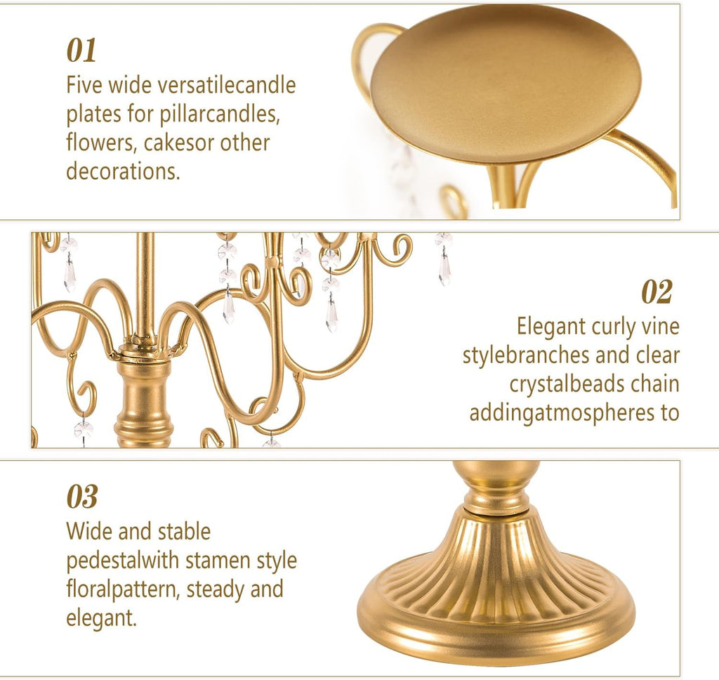 15.3in Gold Candelabra Centerpieces for Tables, 5 Arm Crystal Candelabra for Pillar Candles, Metal Candelabra Candle