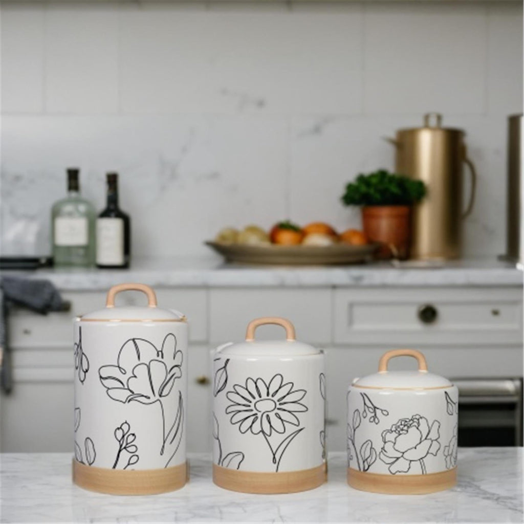 Ceramic Kitchen Canister Set of 3 with Floral Line Art, Airtight Storage Jars with Wooden Accents, Countertop