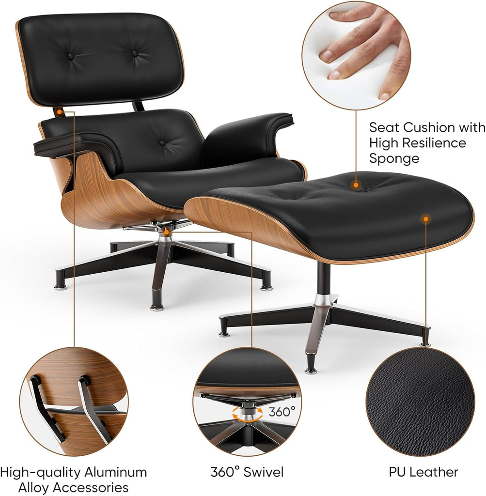 Mid-Century Modern Lounge Chair & Ottoman — Black PU Leather, Walnut Base, Standard