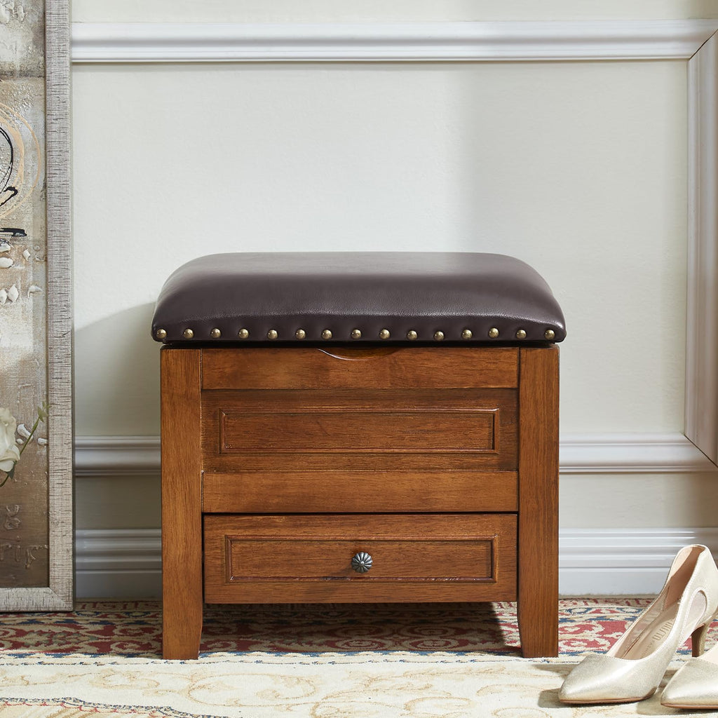 Microfiber Leather Storage Ottoman with Drawer, Small Shoe Bench