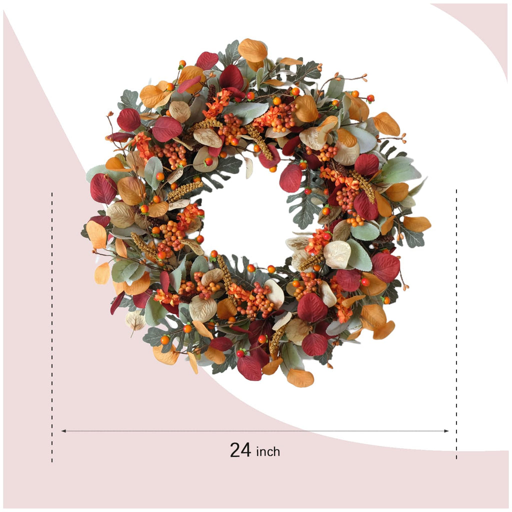 24 Inch Fall Wreath with Berries Eucalyptus for Front Door