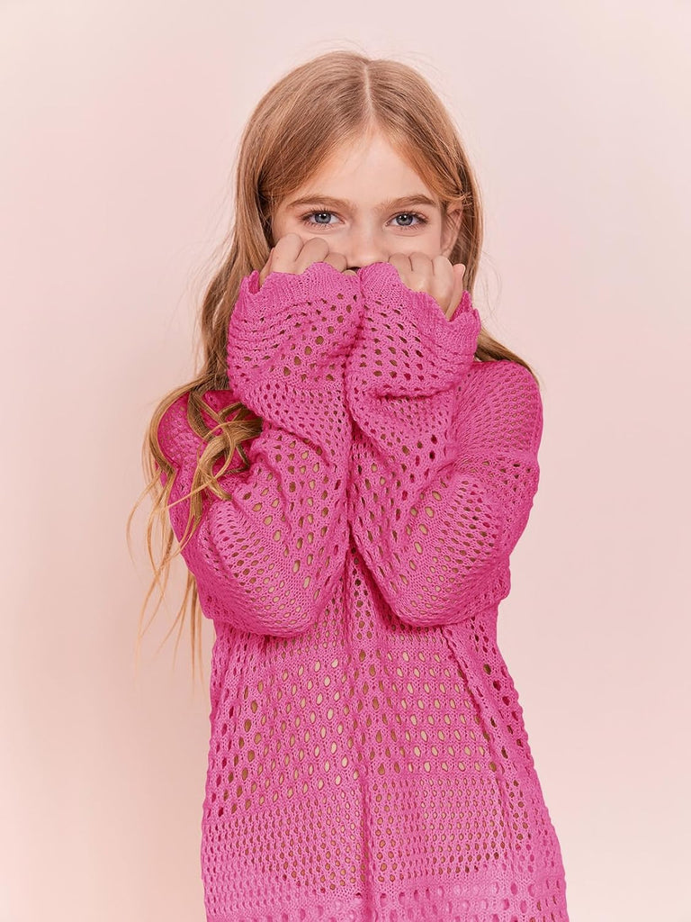Girls Crochet Long Sleeve Swimsuit Cover Up Kids Fashion Hollow Out Swimwear Beach Dress