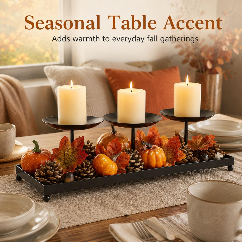 3 Pillar Candle Holders Centerpiece, Fall Dining Room Table Decor