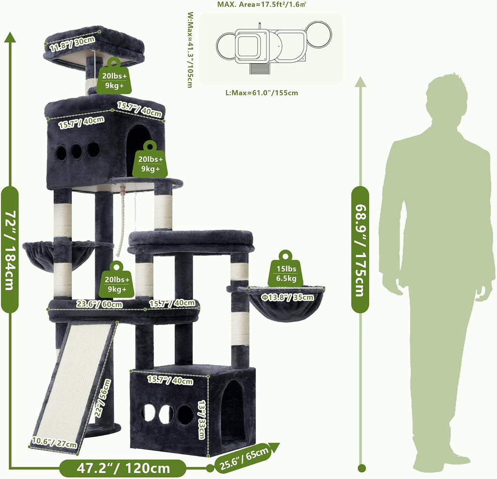 Cat Tree 72.4-Inch Anti-Tip Cat Tower with Spacious Perches