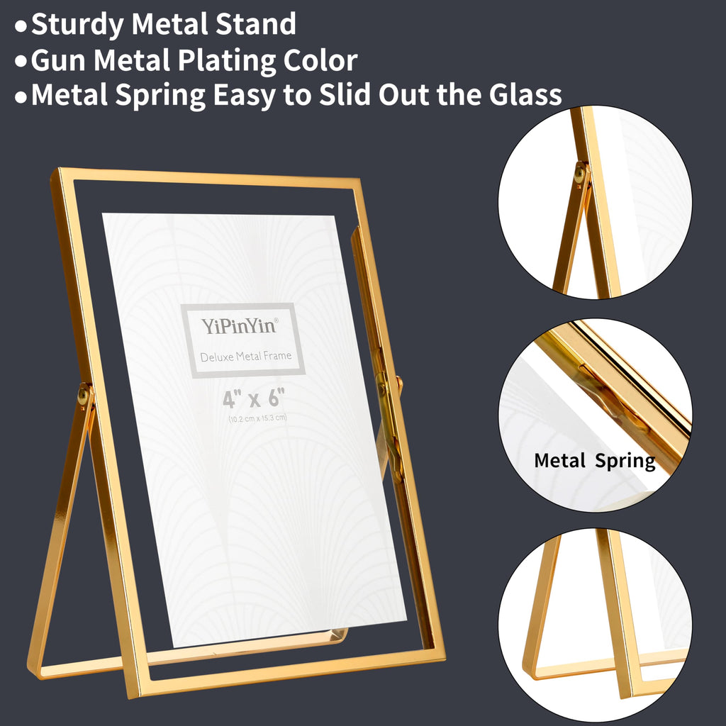 Gold 8x10'' Floating Frame Set of 2, For Photo Sizes (4x 6'', 5x7, 7x9''), Metal Frames for Tabletop/Shelf