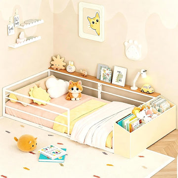 Twin Montessori Floor Bed Frame with Storage | Storage Organizer and Side Shelf, High Guardrail and Wide Entrance, No