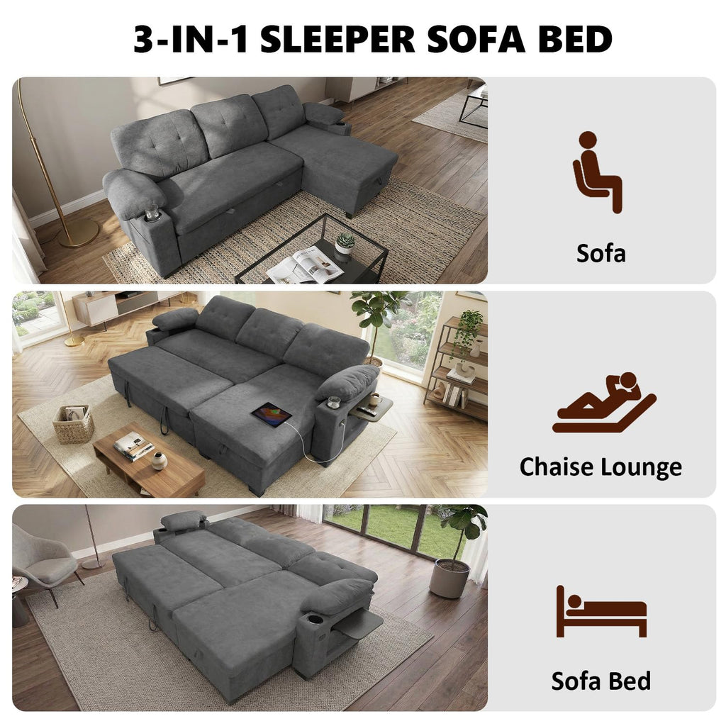 93" L Shaped Sleeper Sofa Bed, Pull Out Sectional Couch with Storage Chaise/Reclining Backrest, Sectional Couches