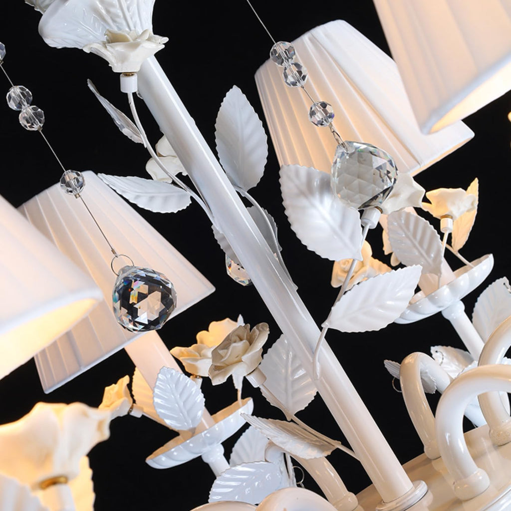 Antique White 6-Light Wrought Iron Floral Chandelier with Ceramic Roses, Crystals & Pleated Fabric Shades, 19.7" W