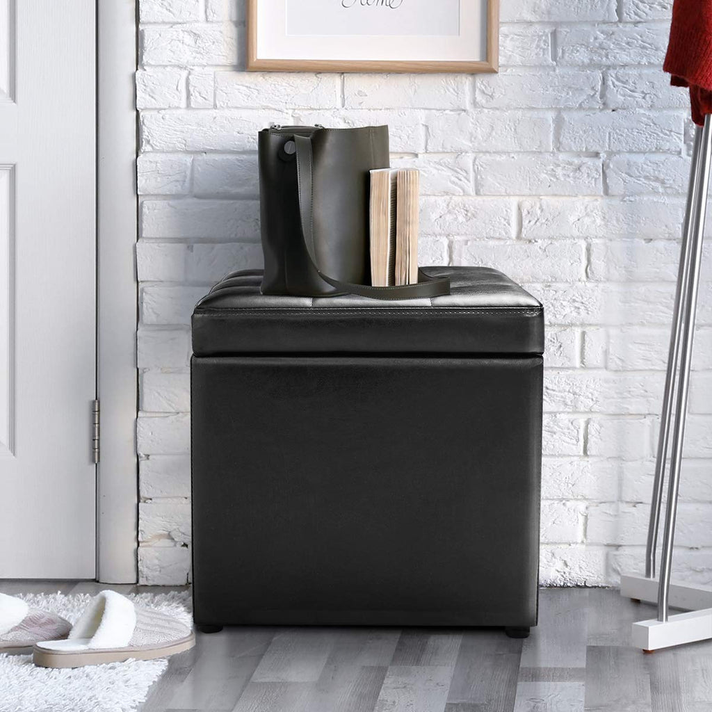 16 Inch Square Ottoman with Storage, PU Leather Foot Rest Stool