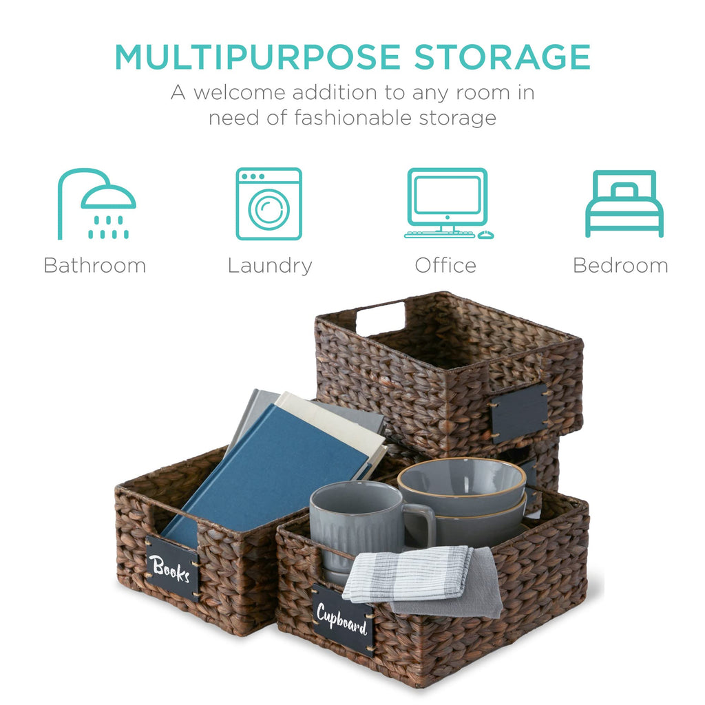 Set of 4 9x12in Water Hyacinth Pantry Baskets, Woven Organizers w/Chalkboard Label, Chalk Marker - Brown