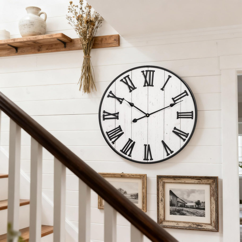 Large Rustic Wooden Wall Clock, 24 Inch Whitewashed Farmhouse Wall Clock with Carved Roman Numerals, Silent Battery