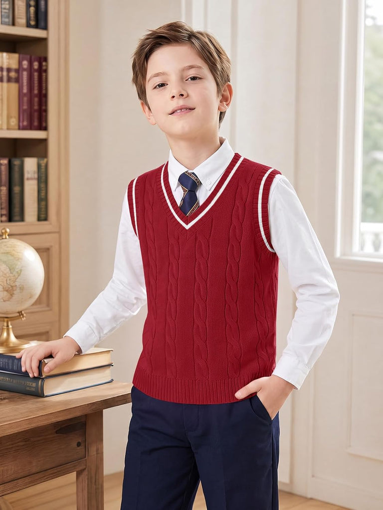 Boys Sweater Vest Cable Knit V Neck School Uniform Rib Tops