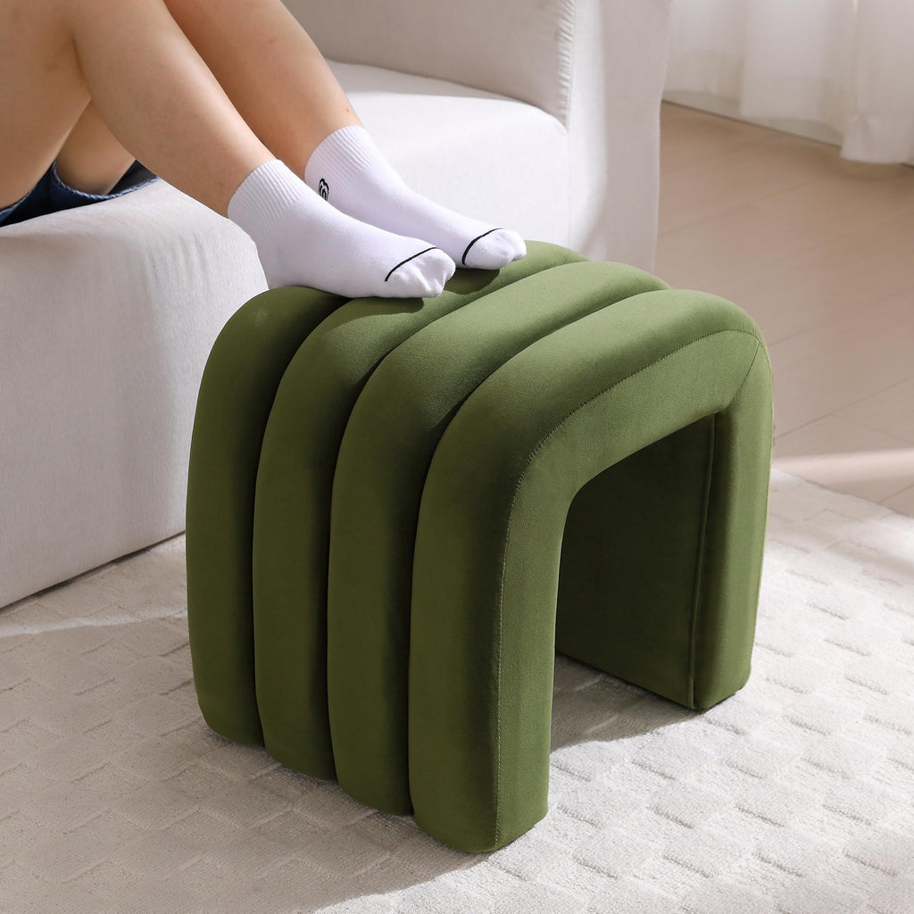 Velvet Pouf Ottoman, Olive Green Foot Rest for Couch 18 inch Cute Vanity Chairs for Makeup, Sturdy Frame, Living Room
