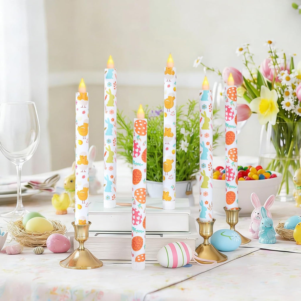 Easter Taper Candles - 10.6" Battery Operated Flameless LED Candles with Bunny, Chick & Egg Patterns, Flickering - Set of 6