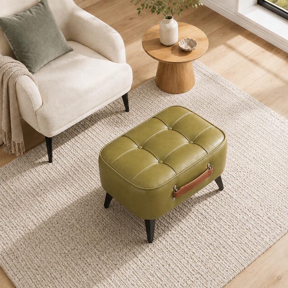 Vintage Style Faux Leather Ottoman Footstool - Wooden Frame, Upholstered Interior, Multi-Use Footrest (Azure Green)