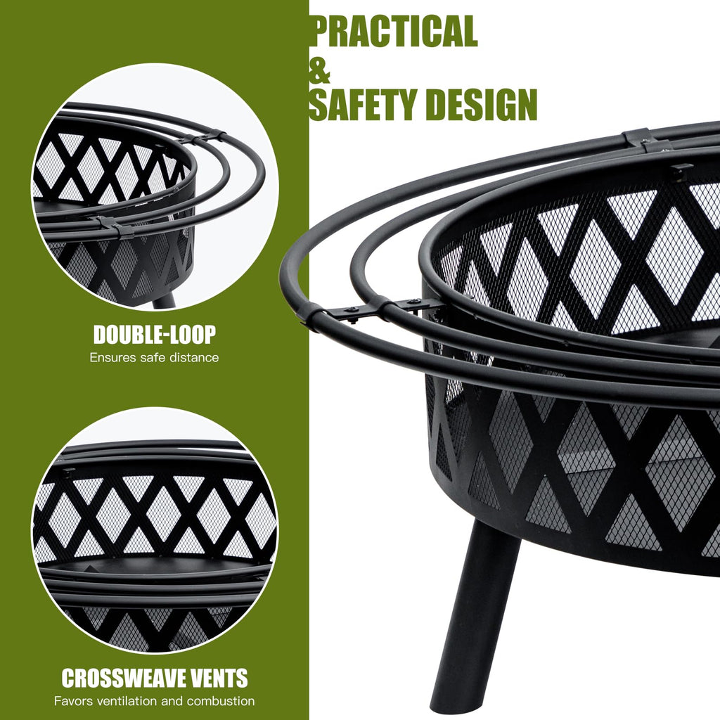 42 Inch Wood Burning Fire Pit with Spark Screen & Fire Poker