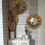 2 Pack 22 Inch Boho Wall Sunburst Mirror Rustic Round Wood Decorative Mirror Boho Wall Art Decor Bedroom Living Room