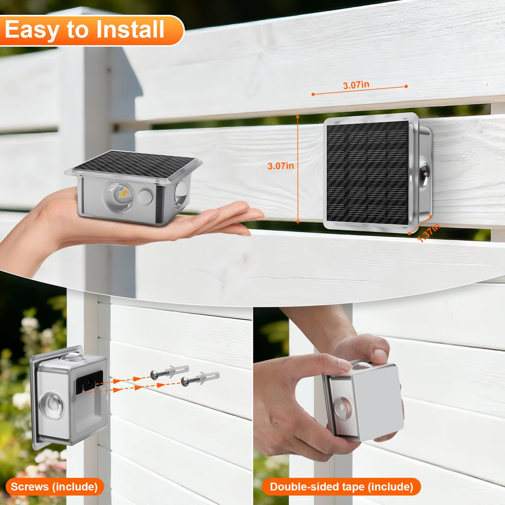 Solar Fence Lights Outdoor, New 4-Sided Lighting Wall Lights Solar Powered with 3 Modes 3000K 4000K 6000K, IP65