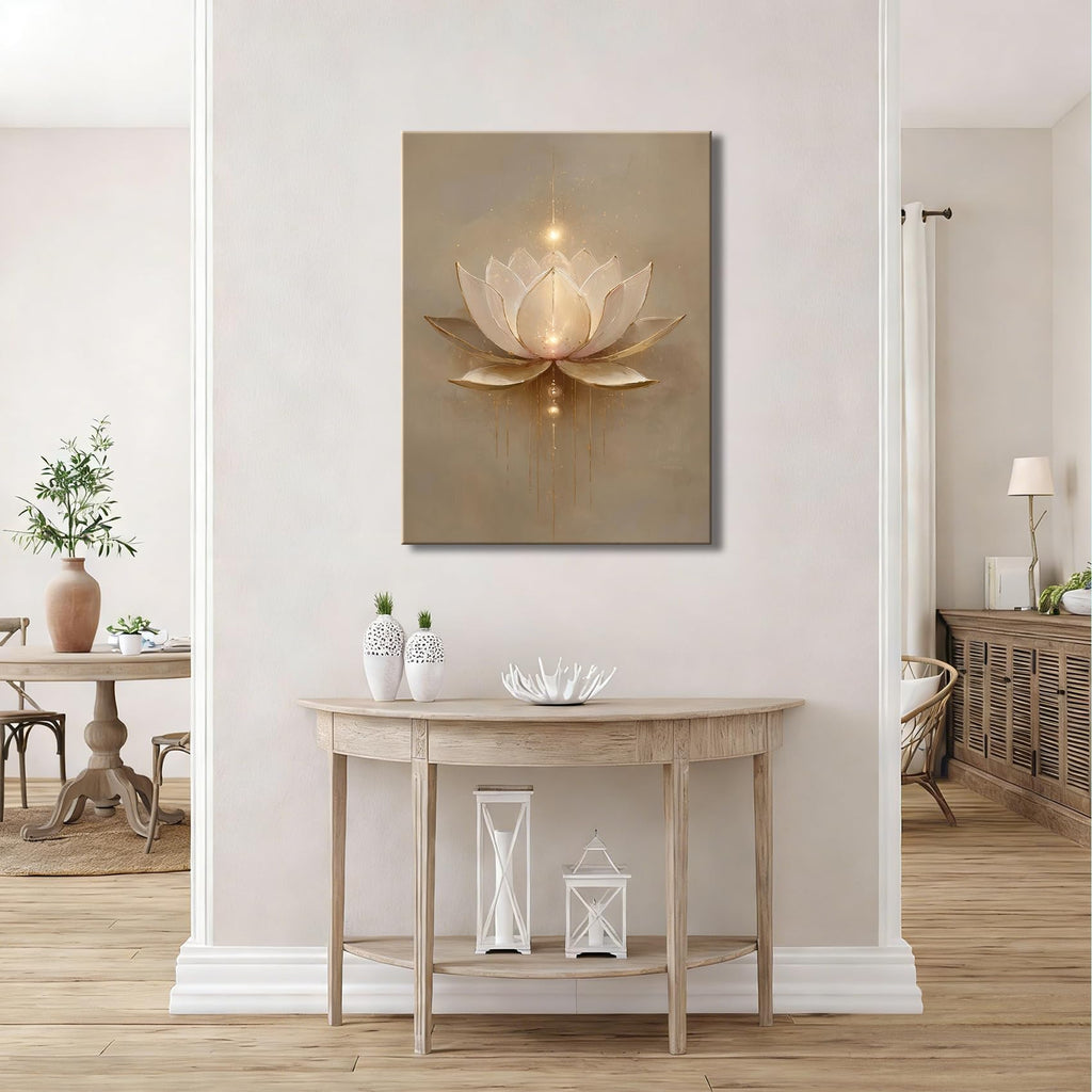 Framed Minimalist Gold Drip Lotus Canvas Wall Art, Soft Beige Floral Zen Canvas Prints Pictures, tranquil wall decor