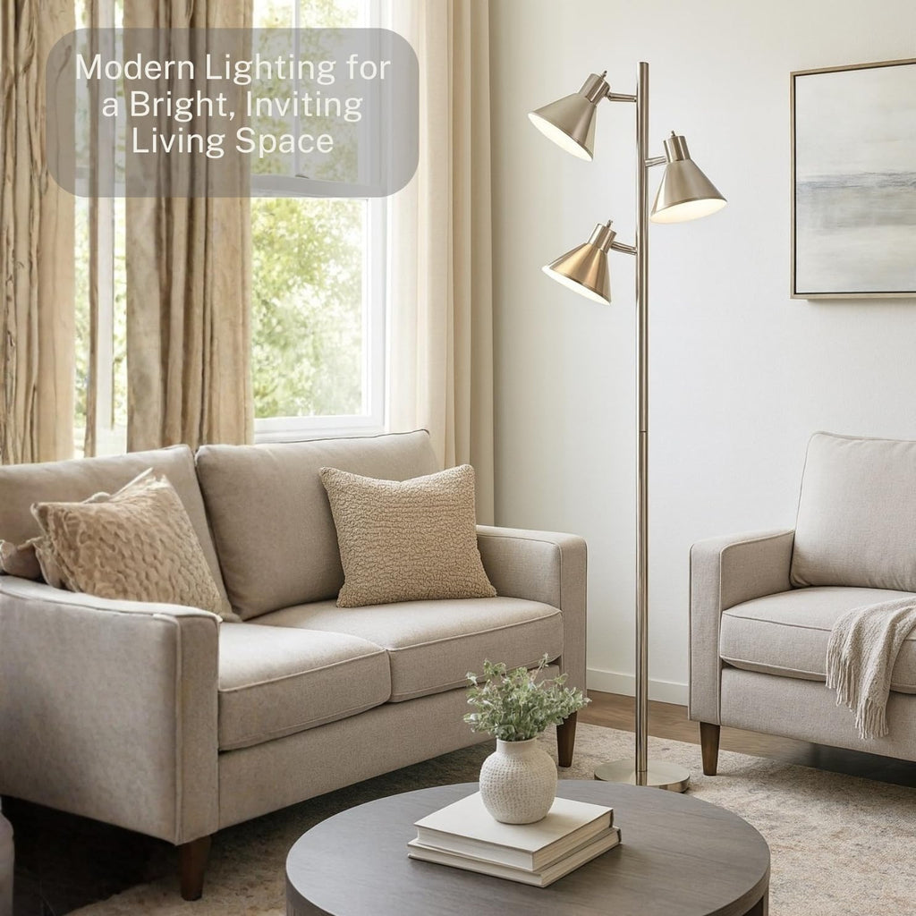 Tree Floor Lamp, Brushed Nickel - Modern Pole Lamp with 3 Adjustable Reading Lights - 64 inch Stand Lamp Room