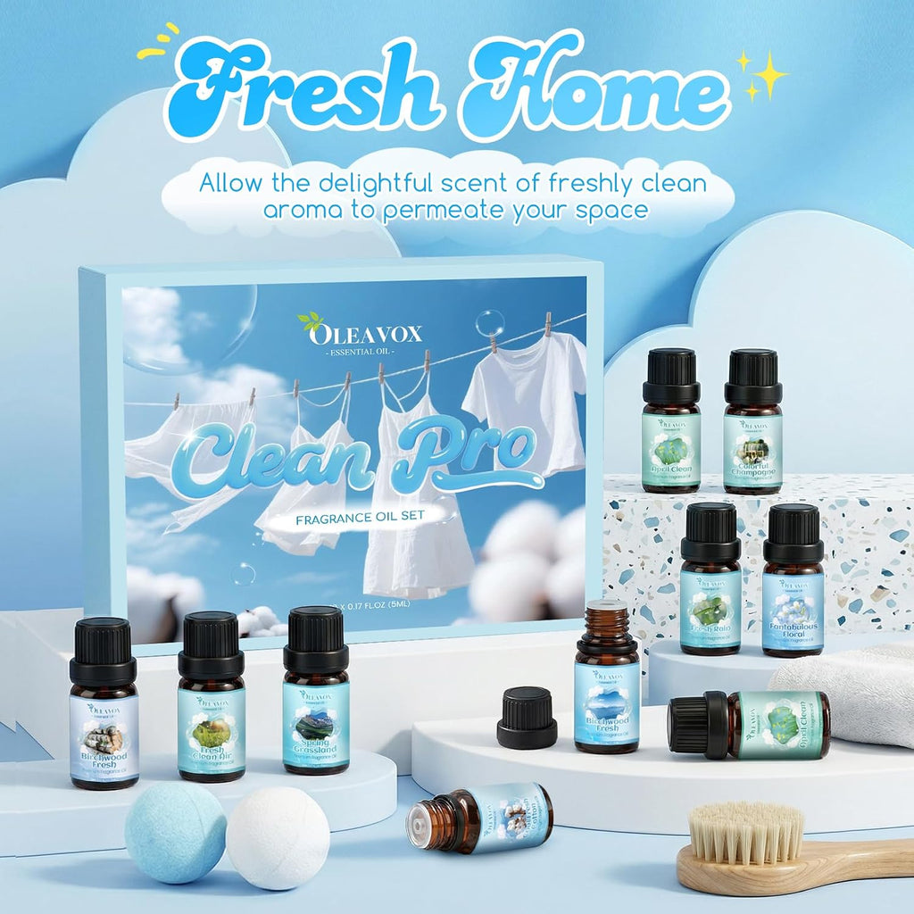 Clean Fragrance Oils Set for Diffuser, Essential Oils for Laundry - Set of 10