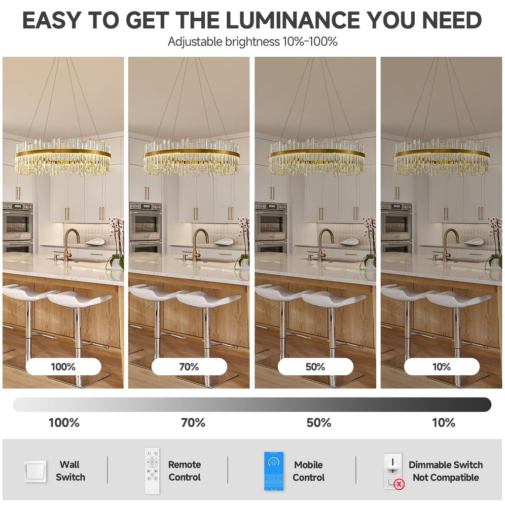 Gold Led Modern Crystal Chandelier, Round Large Dining Room Light Fixture