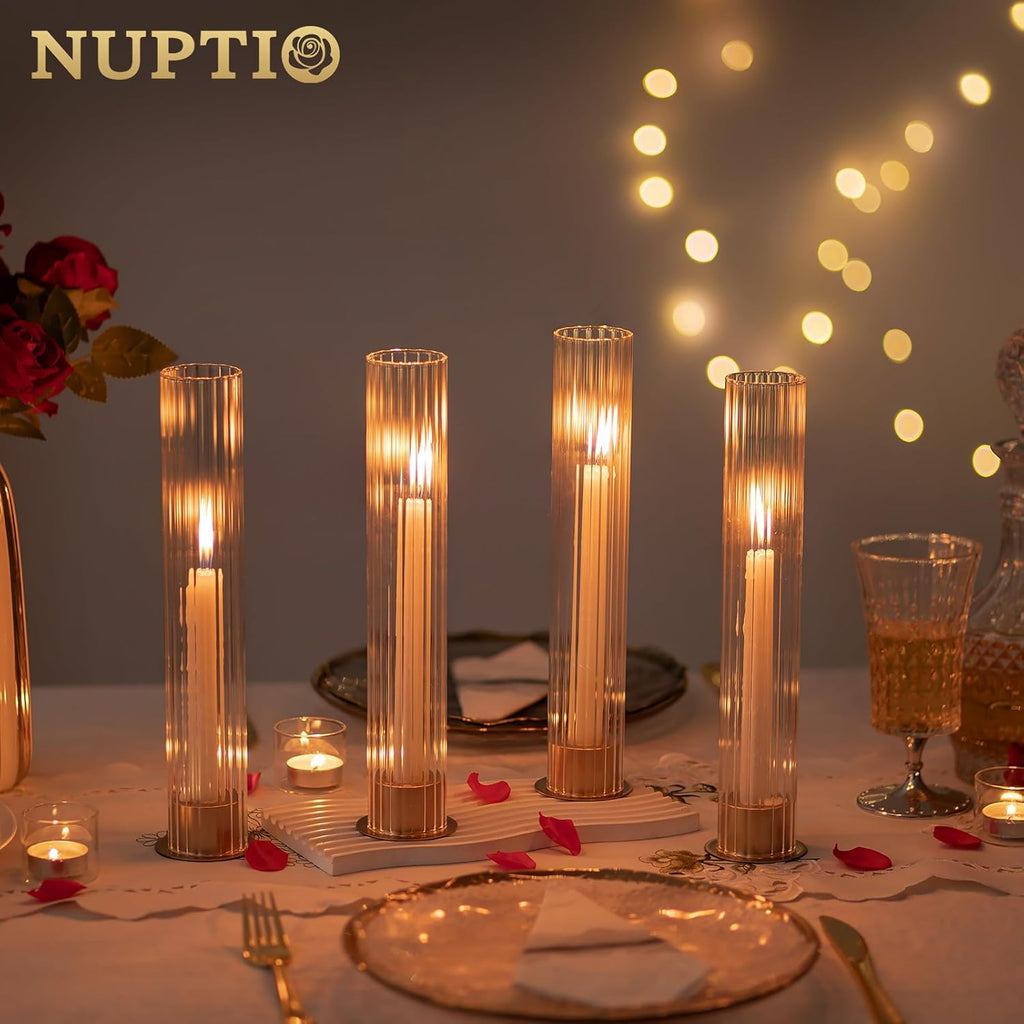 Hurricane Glass Candle Holders: Set of 18 Gold Taper Holders Bulk with Fluted Sleeves - Brass Candlestick Holders for