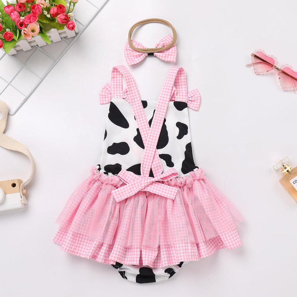 Baby Girls Cow Print Tulle Tutu Romper Dresses with Headband First Birthday Party Cake Smash Outfit Photo Shoot
